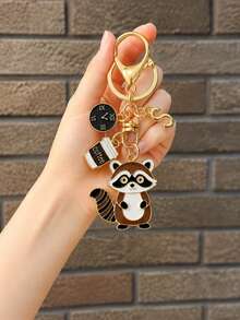 1pc Raccoon Coffee Theme Gold Keychain, Girls Bag Decoration Pendant, Niche Design Raccoon Coffee Cup Key Ring, Coffee Cup Clock Element Creative Car Key Pendant, Keychain, Key Ring, Car Keychain - Multicolor Raccoon Coffee Mug - View 2