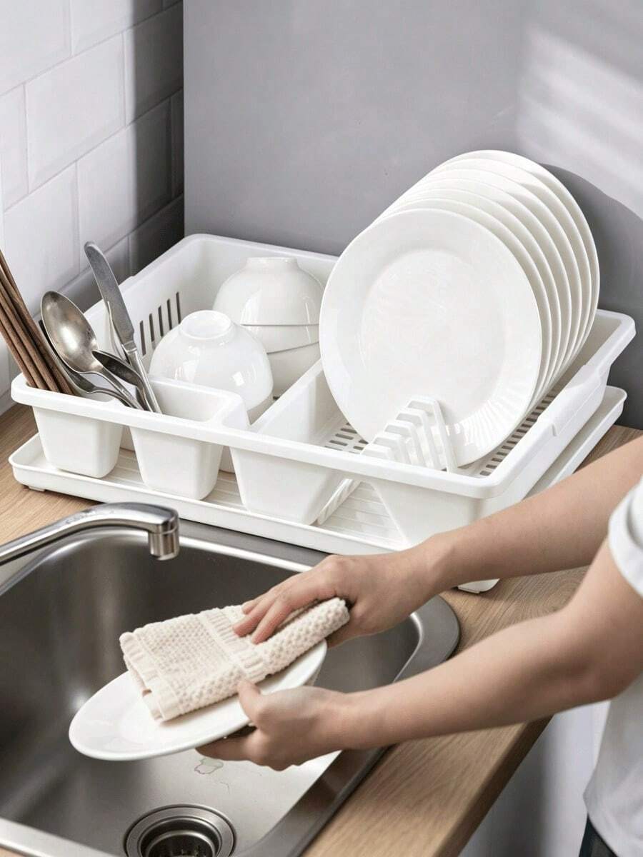 1pc Large Capacity Countertop Dish Drying Rack-With Drain Tray And Removable Utensil Storage Compartments,Plastic Dish Rack,Space Saving,Sturdy And Durable,Suitable For Plates,Bowls,Chopsticks And All Kinds Of Tableware,Kitchen Draining Storage Shelf - Random Color - View 1