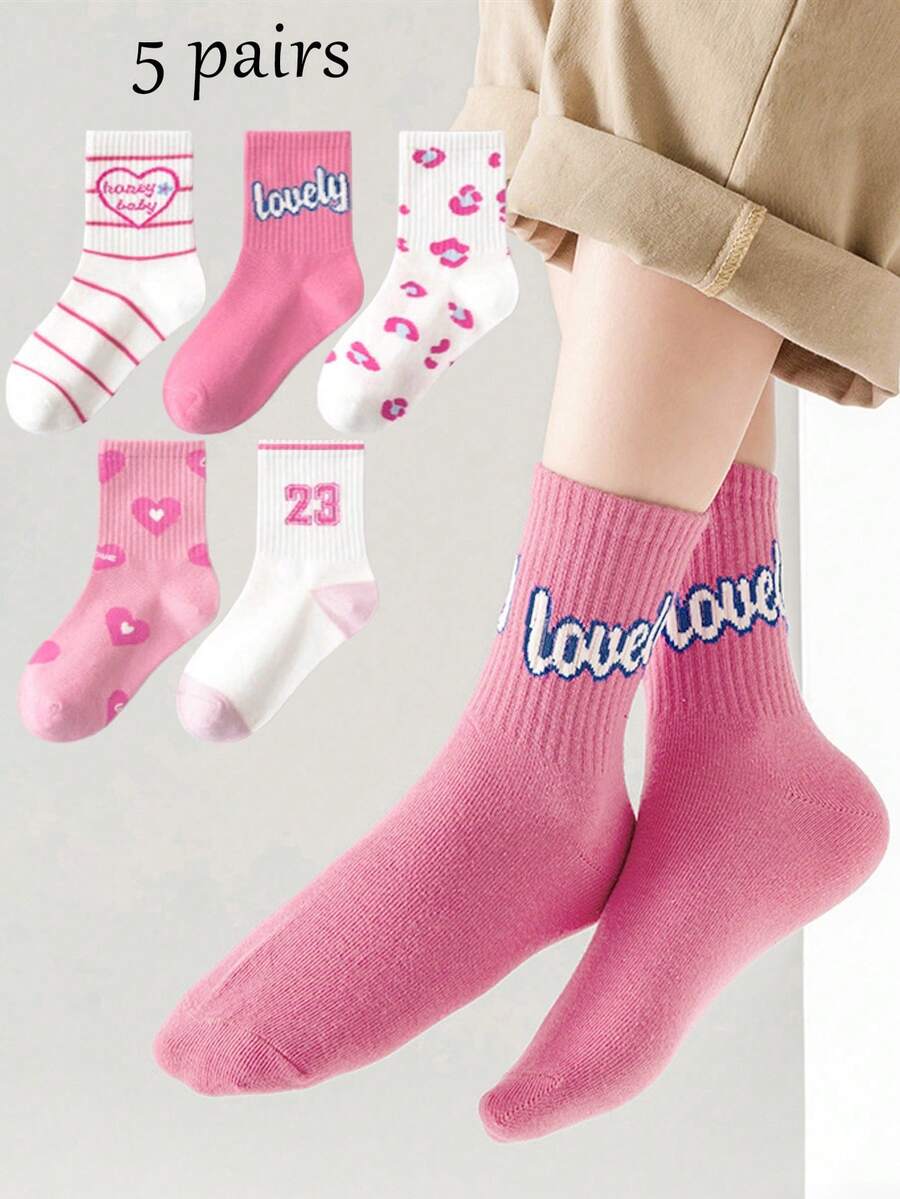5 Pasang Kaos Kaki Anak Perempuan Berbentuk Hati Warna Pink, Tebal Normal, Bernapas, Menyerap Keringat, Modis, Serbaguna, Cocok untuk Musim Semi, Musim Panas, Musim Gugur. - MultiWarna - View 1