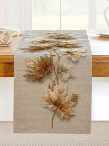 1pc, 2D Flat Printing, Plain Table Flag With Maple Leaf Branches, Autumn-Themed Plant Table Flag Suitable For All Seasons, Natural Minimalist Style, Non-Real Embroidery, 2D Printed Polyester Tablecloth And Flag - Gold - View 2