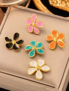 VceTd1PCS Fashionable Vacation Style Stainless Steel Women's Brooch With Asymmetrical Flower Decoration, Suitable For Daily Wear, Vacation Or Gift - Golden - View 5