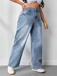 Plus Size Women's Wide Leg Straight Denim Jeans, Solid Color Washed Denim, Plus Size Wide Leg Straight Jeans, Holiday Daily All Seasons - Light Color - View 2
