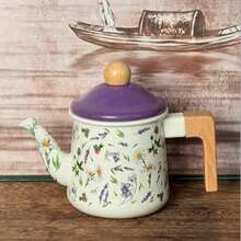 Vintage British Street Pattern Enamel Teapot, Wooden Heat-Resistant Handle Teapot, Stove-Top Coffee Pot, INS Style Home Afternoon Tea Tabletop Decor Gift - Multicolor - View 11