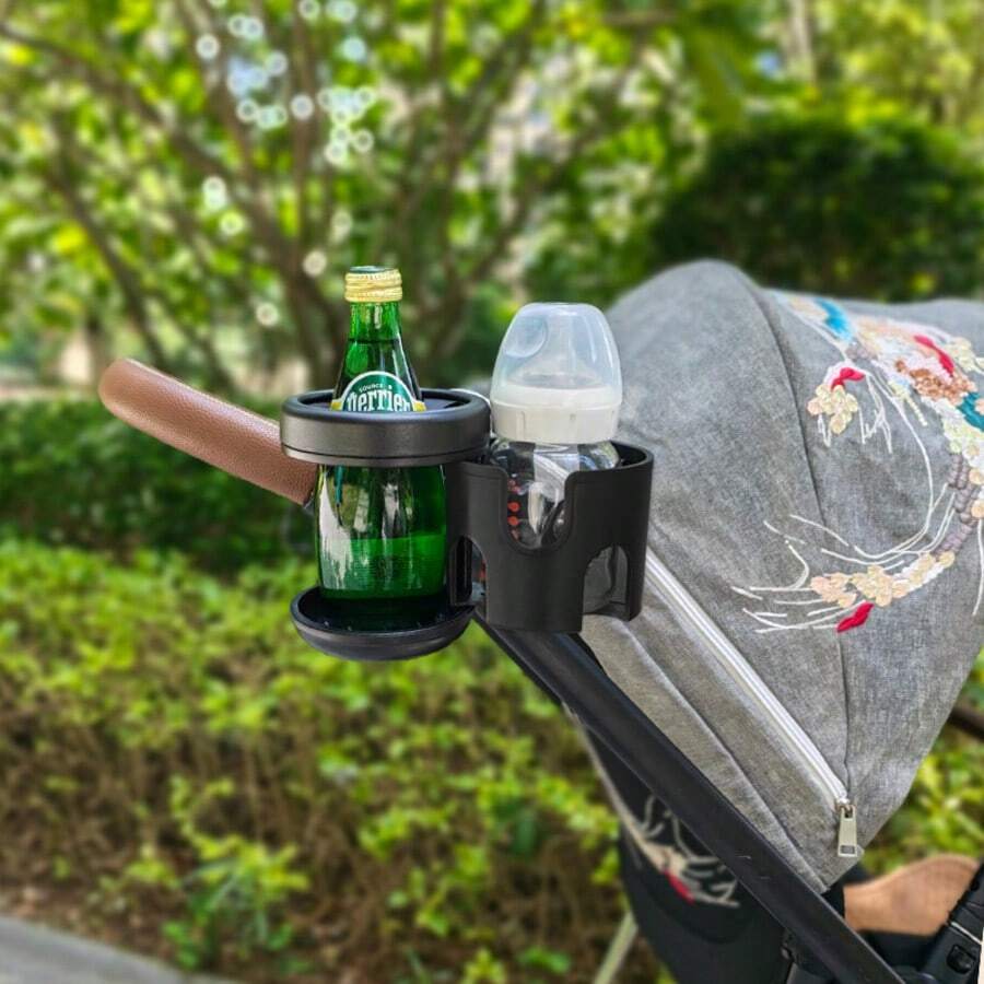 Tempat Gelas Ganda 2-in-1, Rak Penyimpanan Stroller Berputar 360° - Cocok untuk Sepeda, Kursi Roda, Tempat Gelas Stroller Tunggal hingga Ganda