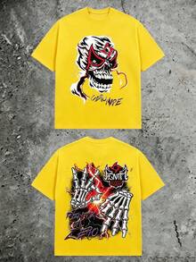 Double‑Sided Print Luchador Skull Mask Tee, Skeleton Hands Lightning Gothic Grunge Streetwear, 180g Pure Cotton Short Sleeve For Men - 黃色1 - 查看 14