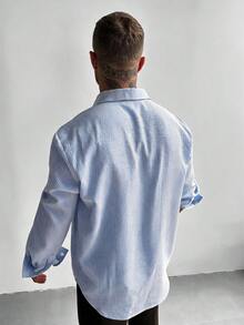 GloMan 男士藍白條紋貼袋鈕扣式紋理長袖襯衫，適合秋季辦公通勤、家庭聚會、商務場合，送給父親/丈夫的禮物 - 藍色 - 查看 5