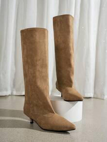 2026 Autumn/Winter Korean Minimalist Fashion Over-The-Knee Kitten Heel Boots, Elastic Suede Slim Fit Women's Casual Outdoor Riding Boots, Side Zipper Pointed Toe High Heel Style - Khaki - View 5
