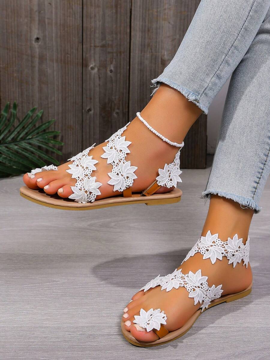 Women's Flat Sandals, Comfortable Soft Flat Sole, Romantic Lace Flower Decor, Suitable For Beach Vacation, Casual Outings - White - View 1