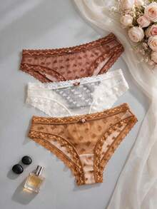 Aesletic 3pcs Vintage Sweet Women's Panties, Wavy Ruffle Lace Heart Mesh Triangle Panties - Multicolor - View 3