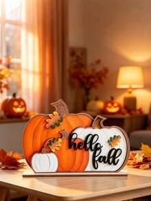 1pc "Hello Autumn" Pumpkin Wooden 2D Flat Desktop Decor, Farmhouse Harvest Symbol, Decorated With Autumn Leaves And Berries, Suitable For Tabletop Decoration, Party Decor, Halloween Decor, Christmas Decor - Multicolor - View 2