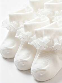 3 Pairs Girls Lace Trim Double Layer Folded Cuff Plaid Princess Style Dance Socks, Baby Socks - White - View 2