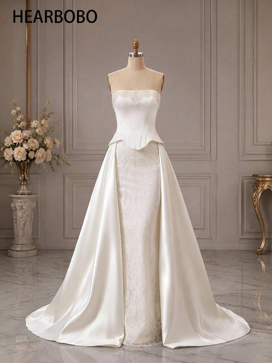 HEARBOBO 波希米亞風優雅無袖魚尾白色蕾絲婚紗，新娘穿著
