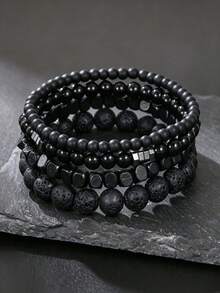 RINTOLER 4pcs/set Vintage Unusual Matte Lava Rock & Wooden Beads With Spacer Elastic Bracelet - ZJ10491 - View 14