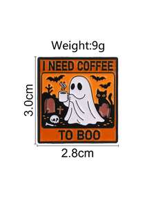 1pc Halloween Ghost Coffee Enamel Pin, "I Need Coffee To Boo" Funny Quote Badge, Cemetery Cat Bat Design, Gift For Friends - Multicolor - View 3