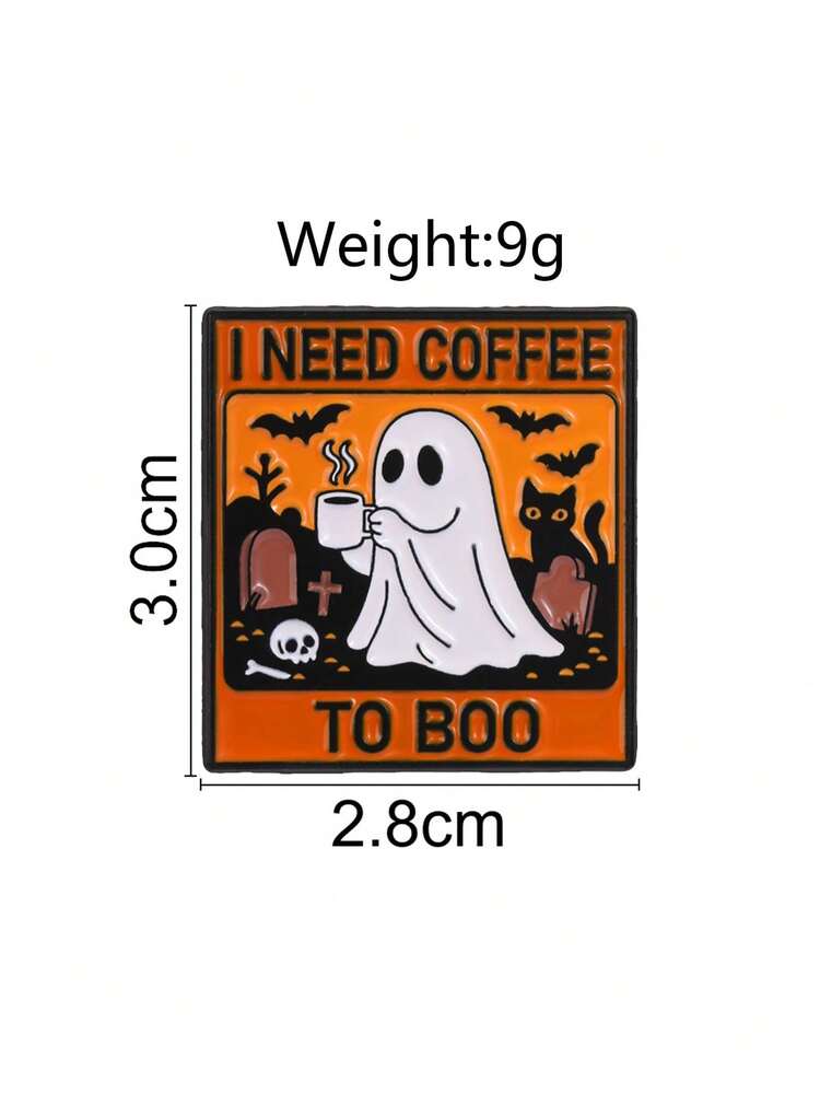 1個萬聖節幽靈咖啡琺瑯胸針，「I Need Coffee To Boo」趣味語錄徽章，墓地貓咪蝙蝠設計，送給朋友的禮物 - 彩色 - 查看 2