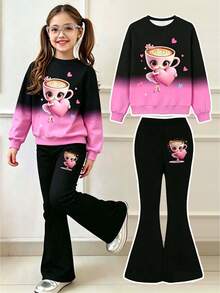 Tween Girl Cartoon Print Crew Neck Long Sleeve Top And Flare Pants - Black - View 1