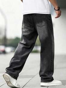 Men's Skull Digital Print Pocket Wide Leg Loose Casual Denim Jeans - Black - View 5