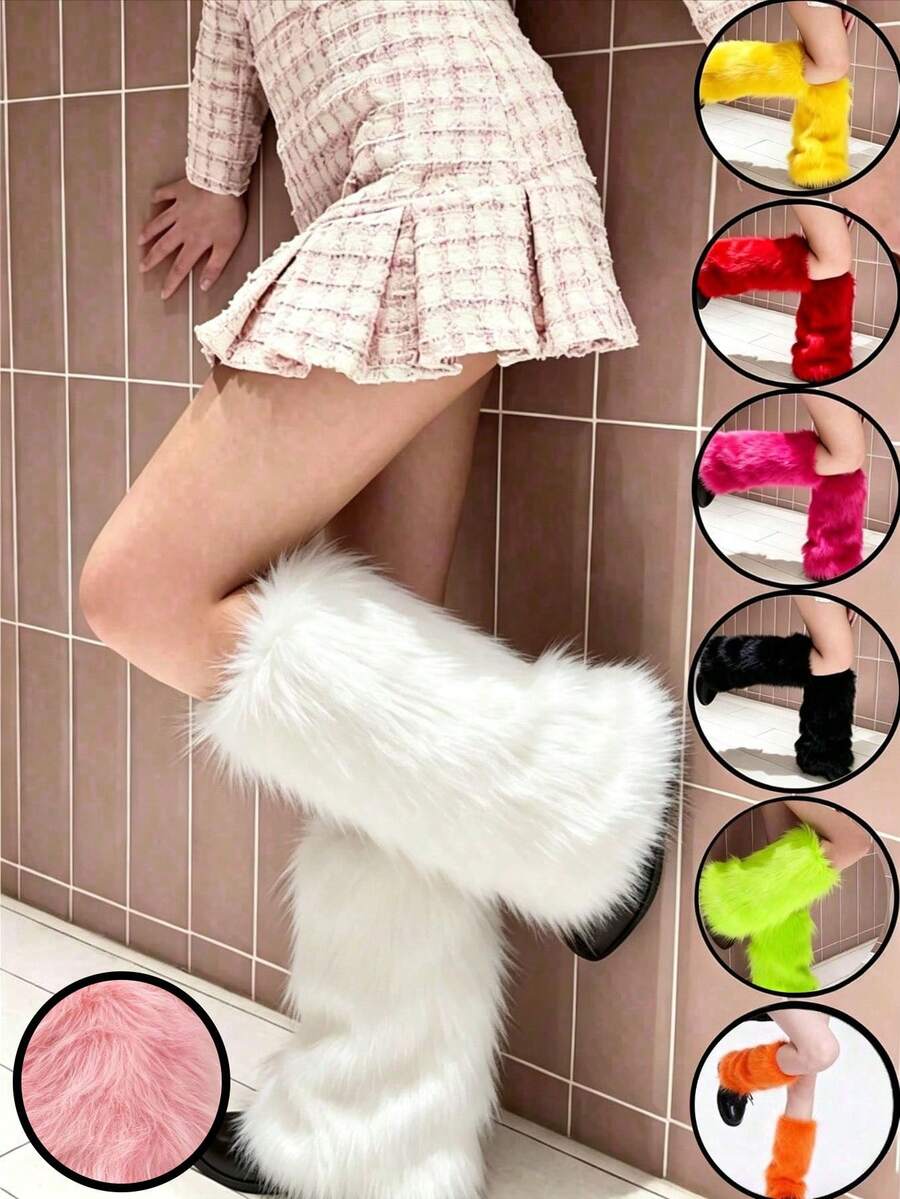 1pair Ladies Fur Long Boot Leggings With Protection YK2 Thermal Socks, In Yellow/Green/Blue/Orange/Black/White/Red/Pink/Purple (9 Colors) - Multicolor - View 1