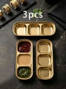 6/3/1pc Gold Stainless Steel 3-Compartment Dipping Sauce Dish Set, Stackable For Easy Storage, Dishwasher , Kitchen BBQ Hot Pot Sushi Soy Sauce Side Dish Condiment Sauce Snack Plate - Multicolor - View 12
