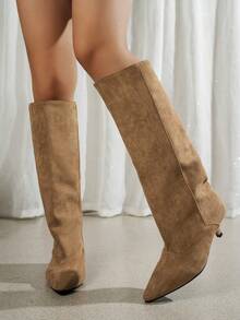 2026 Autumn/Winter Korean Minimalist Fashion Over-The-Knee Kitten Heel Boots, Elastic Suede Slim Fit Women's Casual Outdoor Riding Boots, Side Zipper Pointed Toe High Heel Style - Khaki - View 3