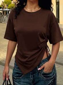 Women Round Neck Drop Shoulder T‑Shirt, Casual Drawstring Side Ruched Asymmetrical Hem Short Sleeve Tee Summer - Coffee Brown - View 4