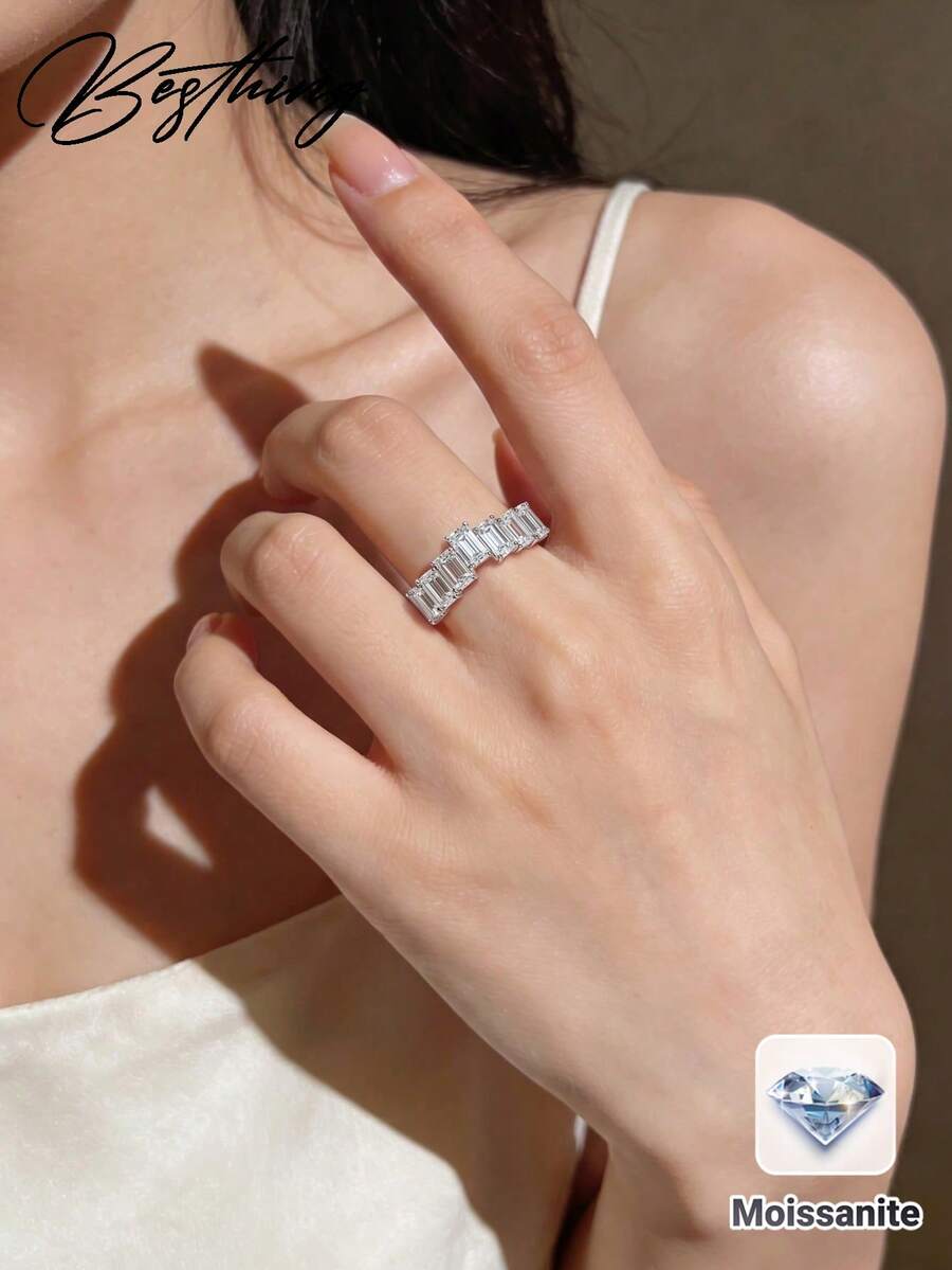 Besthing 1pc S925 Sterling Silver 5.5CT Rectangular Moissanite Ring, Elegant Minimalist Style, Suitable For Wedding, Party, Valentine's Day, Daily Wear, Date, Holiday Jewelry - Silver - View 1