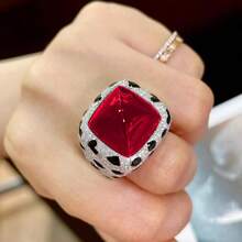 European And American Vintage Leopard Print Red Zirconia Candy Tower Cut Ring For Women, White Gold Plated Adjustable Party Ring - Red - View 2
