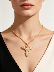 European And American Phoenix Necklace, Copper Inlaid Zirconia Stone, Vintage Style Pendant Necklace Jewelry Accessory Gift For Women - Yellow Gold - View 7