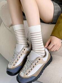 1/5/10 Pairs Brown Striped Women's Mid-Calf Socks, Autumn/Winter - Brown - View 2