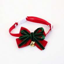 2pcsChristmas Velvet Bow Tie Pet Collar With Golden Jingle Bell, AdjustableFestive Neck Accessoryfor Cats And Small Dogs Holiday Photos And Party Wear - Green + Red - View 4