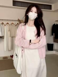 [Y6Y]Korean Style Slouchy Solid Color Round Neck Long Sleeve Knit Cardigan, Autumn Fashion Loose Fit Outerwear Jacket - Pink - View 7