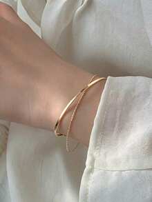 1pc Double Layer Polished Chain Bracelet, Women's Fashion Minimalist Elegant Style, Niche Design, Sophisticated Delicate Hand Accessory, Suitable For Daily Wear, Commute, Date, Party - Gold - View 4