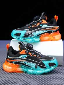 1 Pair Unisex Kids' Dual-Mesh Patchwork Soft Lightweight Rotating Button Colorblock Running Shoes, Breathable Jelly Transparent Sole Gradient Casual Fashion Sports Shoes - Orange - View 3