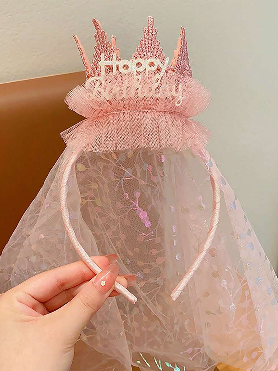 1pc Happy Birthday Crown Headband, Sparkly Pink Tiara With Shimmer Printed Tulle Veil, Sweet Princess Hair Hoop For Birthday Party Photoshoot Decor - Multicolor - View 1