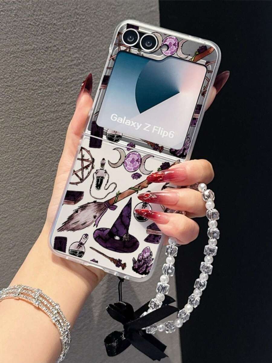 1PC Fashion Matte PC Material Simple And Cute Halloween Hat Broom Element Folding Phone Case, Paired With Same Color Bracelet, Can Protect And Prevent Falling For: SamsungGalaxy Zflip 3/Zflip 4/Zflip 5/Zflip 6/Zflip 7/Zflip 8/ Razr 60/ Razr 50/ Razr 70/Galaxy Z Flip7 FE/IPhoneUltra - Clear - View 1