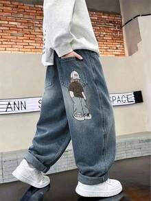 Toddler Cartoon Embroidered Straight Leg Jeans - Blue - View 8