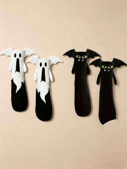 1/2 Pairs Funny Halloween Socks, 3D Bat And Winged Ghost Mid-Calf Socks, Unisex Novelty Role Play Party Costume Holiday Gift Socks