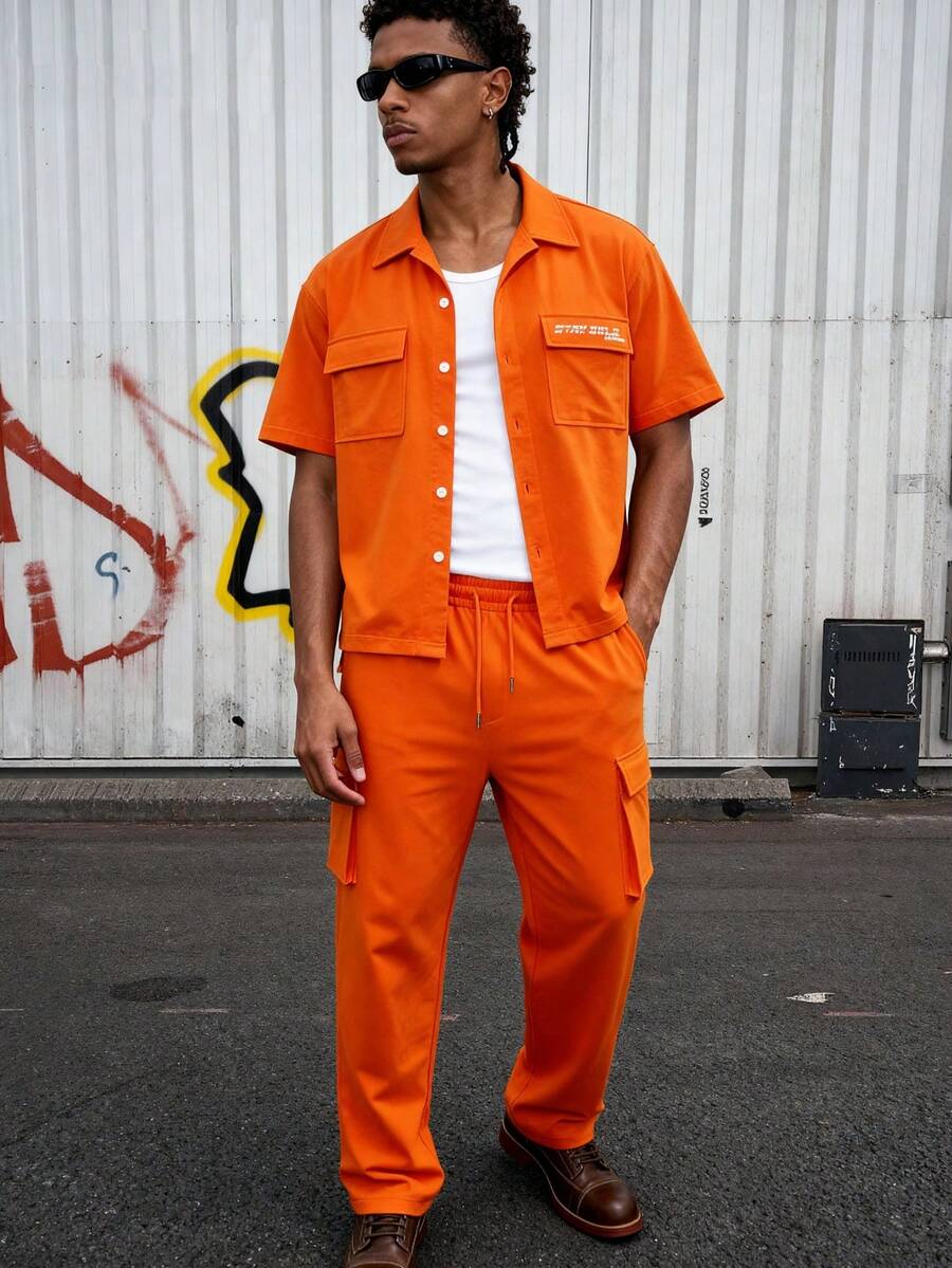 Men's Casual Commuting Outdoor Leisure Running Short Sleeve Utility Shirt And Pants Set - Orange - View 1