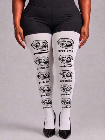 1 Pair Women's White Graphic Print Tights, Y2K Street Style Face Pattern Opaque Pantyhose For Harajuku, Party & Cosplay Outfits