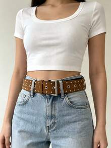 APLCSEY Sabuk Wanita Gaya Punk Vintage, Sabuk Jeans Fashion dengan Dekorasi Paku Keling Berlubang Warna Cokelat dan Gesper Persegi Perak - Coklat - View 2