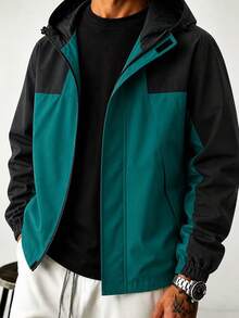 Plus Size Men's Casual Jacket, Contrast Color Block Hooded Design With Pockets, Suitable For Casual, Travel, Holiday And Outdoor Activities, Spring/Autumn - Dark Green - View 1