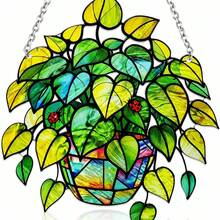 1pc Green Plant Window Catcher, Colorful Glass Window Hanging Decor, Handmade Faux Plant Colorful Glass Panel Catcher, Suitable For Plant Lovers, Unique Home Indoor/Outdoor Decoration - Green Leaves - View 10