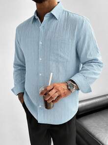 GloMan Old Money Men Linen Light Blue Stripes Textured Button Up Long Sleeve Shirt,Summer/Fall Loose Fit Top Daily,Street,Office,Beach,Husband/Father - Blue - View 2