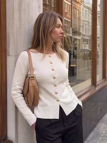 Women's Elegant Round Neck Gold Button Ribbed Knit Cardigan, Slim Fit Open Front Long Sleeve Social Blouse, Office Commute Vacation Outing Top - Apricot - View 2