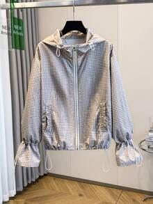Petite Plaid Drawstring Hooded Jacket For Women, Autumn Design Style, Dropped Shoulder Lantern Sleeve, Lightweight Loose Versatile Jacket For Spring And Autumn - Plaid - View 4