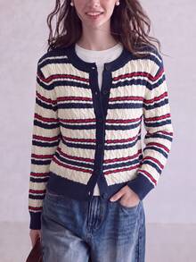 Jaket Sweater Rajut Cardigan Leher Bulat Motif Garis-Garis Prancis Elegan untuk Wanita Musim Gugur/Dingin - Navy Blue - View 4