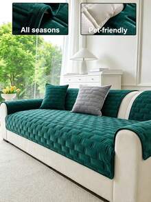 1pc Geometric 3D Solid Color Dutch Velvet Quilted Sofa Cushion, Minimalist Style, Non-Slip Back, Pet Friendly, Soft Multi-Functional Dirt-Resistant Dust-Proof, Holiday Decor Sofa Cushion, Backrest Cover Armrest Cover Universal, All-Season Sofa Cover - Green - View 1