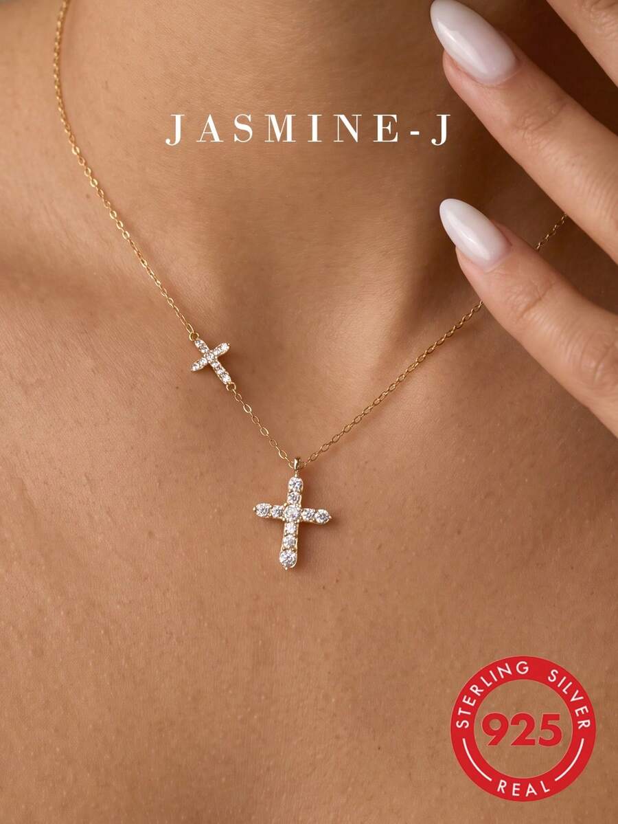 1pc S925 Sterling Silver Full Rhinestone Double Cross Necklace, Pure Silver Plated 14K Gold Women's Jewelry Layered Necklace, Full Rhinestone Cross Necklace, Double Cross Necklace, Unique Design, Simple And Versatile, Suitable For Women's Daily/Party Wear - Multicolor - View 1