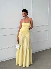 Women's Summer Yellow Sexy Solid Color Strapless A-Line Ruched Dress, Suitable For Valentine's Day Date, Graduation Season Party - Yellow - View 5