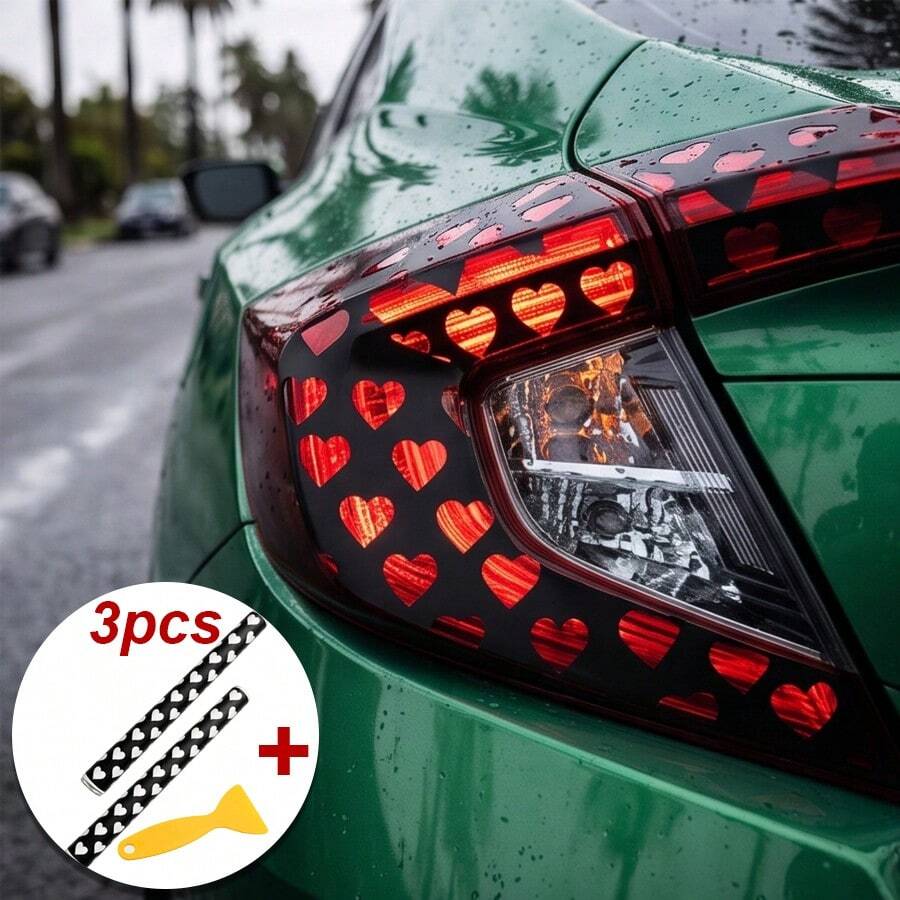 3pcs Heart Tail Light Stickers, Personalized Hollow Heart Car Rear Light Decals, Romantic Creative Car Body Decoration Stickers With Scraper (2 Stickers + 1 Scraper) - New Heart Upgrade - View 1
